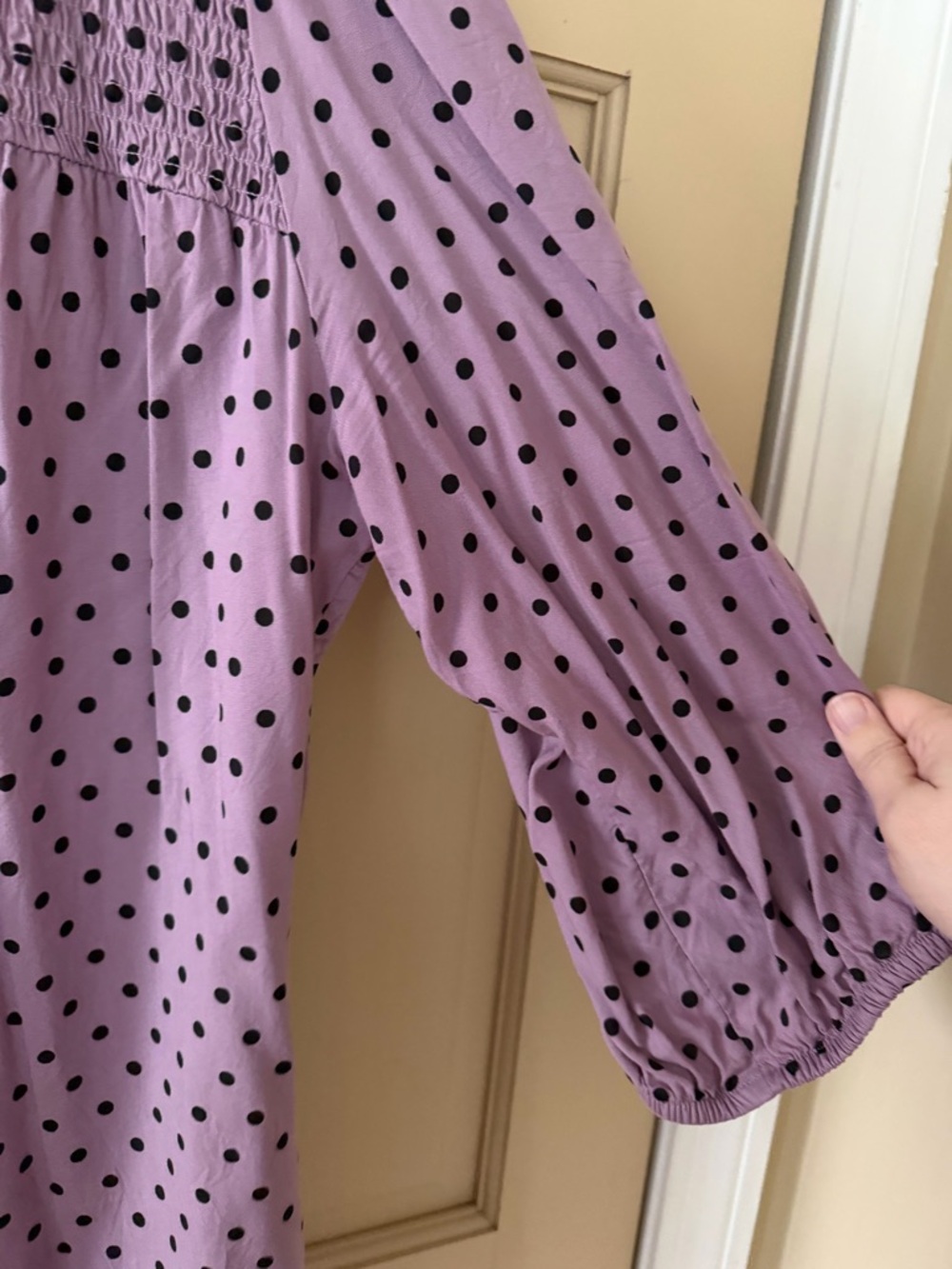 croft & barrow Lavender Polka Dot Smocked Blouse - Picture 4 of 9
